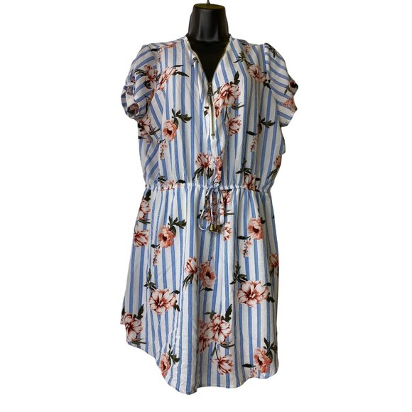 Floral & Striped Dress XL Short Sleeve Tie Sleeve Detail Zipper Feminine Cute - Picture 1 of 9